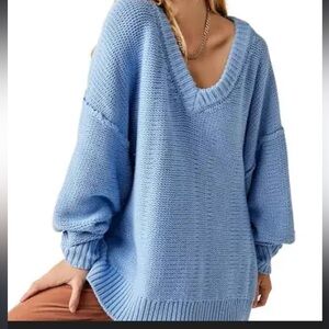 Free People Sky Blue V-Neck Oversized Knit Sweater
